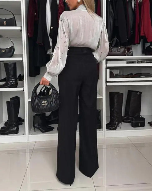 Tie Neck Beaded Long Sleeve Tied Detail Blouses Casual Shirts white