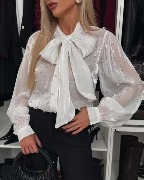 Tie Neck Beaded Long Sleeve Tied Detail Blouses Casual Shirts white