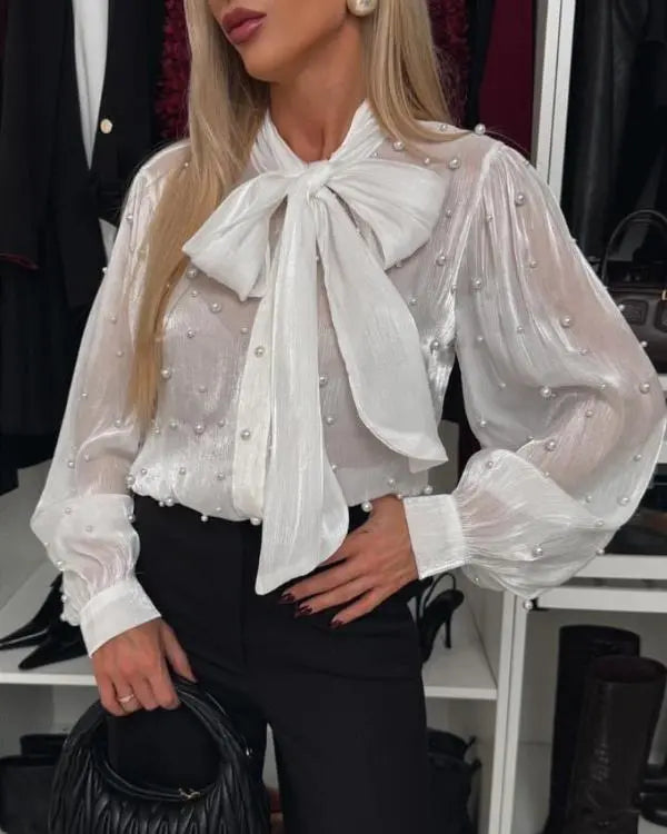 Tie Neck Beaded Long Sleeve Tied Detail Blouses Casual Shirts white