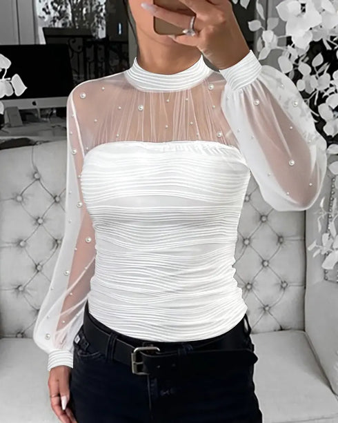 Rhinestone Decor Mock Neck Lantern Sleeve Sheer Mesh Spliced Tee Hollow-out Back Slim Fit Top white