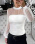 Rhinestone Decor Mock Neck Lantern Sleeve Sheer Mesh Spliced Tee Hollow-out Back Slim Fit Top white