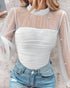 Rhinestone Decor Mock Neck Lantern Sleeve Sheer Mesh Spliced Tee Hollow-out Back Slim Fit Top white