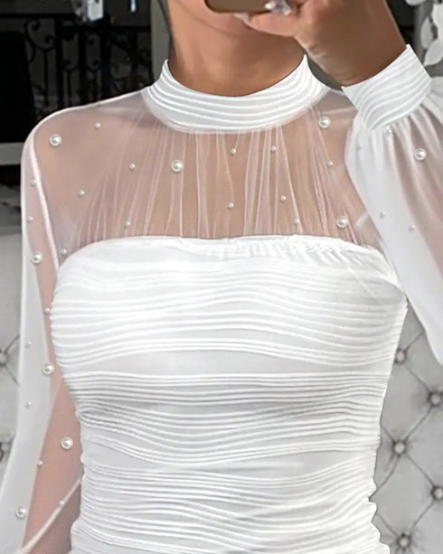 Rhinestone Decor Mock Neck Lantern Sleeve Sheer Mesh Spliced Tee Hollow-out Back Slim Fit Top white