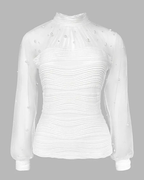 Rhinestone Decor Mock Neck Lantern Sleeve Sheer Mesh Spliced Tee Hollow-out Back Slim Fit Top white