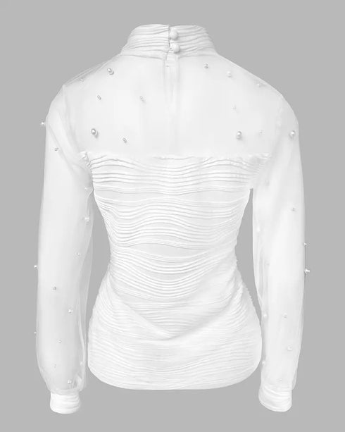 Rhinestone Decor Mock Neck Lantern Sleeve Sheer Mesh Spliced Tee Hollow-out Back Slim Fit Top white