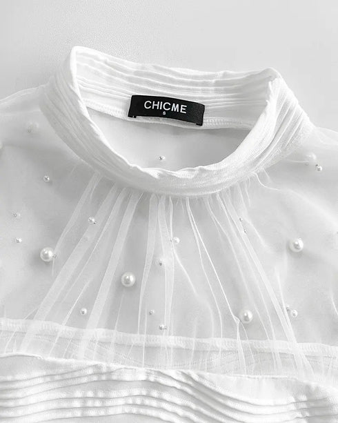 Rhinestone Decor Mock Neck Lantern Sleeve Sheer Mesh Spliced Tee Hollow-out Back Slim Fit Top white