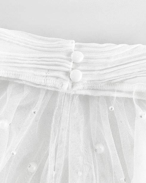 Rhinestone Decor Mock Neck Lantern Sleeve Sheer Mesh Spliced Tee Hollow-out Back Slim Fit Top white