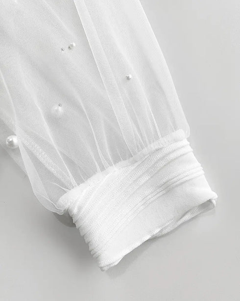 Rhinestone Decor Mock Neck Lantern Sleeve Sheer Mesh Spliced Tee Hollow-out Back Slim Fit Top white