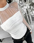 Rhinestone Decor Mock Neck Lantern Sleeve Sheer Mesh Spliced Tee Hollow-out Back Slim Fit Top white
