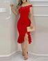 Cold Shoulder Beaded Slit Bodycon Dress Ruffle Hem Zipper Back Party Dress red