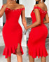 Beaded Details Off The Shoulder Ruffles Hem Slit Bodycon Party Dress red
