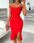 Cold Shoulder Beaded Slit Bodycon Dress Ruffle Hem Zipper Back Party Dress red