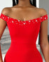 Cold Shoulder Pearls Strap Cowl Neck Evening Bodycon Dress Elegant High Slit Fishtail Maxi Dress red