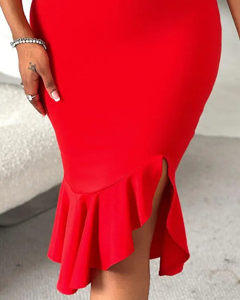 Beaded Details Off The Shoulder Ruffles Hem Slit Bodycon Party Dress red