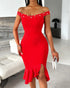Glitter Off Shoulder Ruffles Slit Dress red