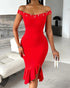 Cold Shoulder Pearls Strap Cowl Neck Evening Bodycon Dress Elegant High Slit Fishtail Maxi Dress red