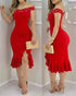 Glitter Off Shoulder Ruffles Slit Dress red