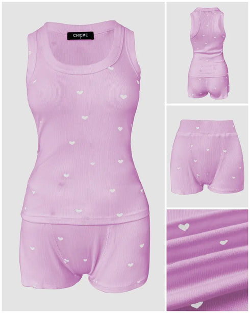 2 Pieces Outfit Graphic Print U-Neck Tank Top and Elastic Waist Shorts Set Casual Ribbed Pajamas Set light pink