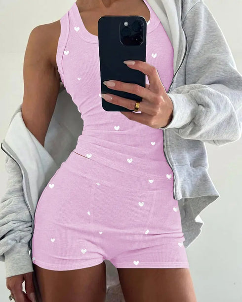2 Pieces Outfit Floral Print U-Neck Tank Top and Elastic Waist Shorts Set Slim Fit Ribbed Set light pink