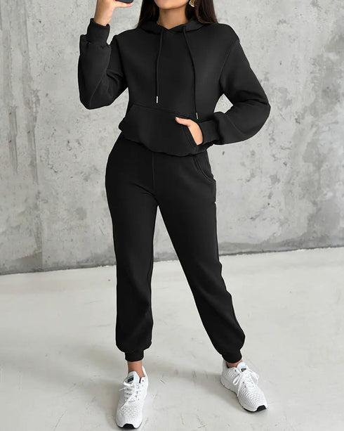 2 Pieces Outfit Kangaroo Pocket Thermal Lined Drawstring Hoodie Sweatshirt and Casual Elastic Waist Cinched Ribbed Cuffs Sporty Sweatpants Set black