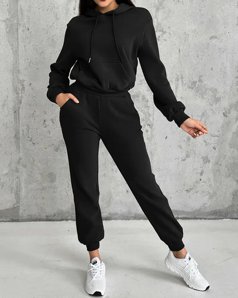 2 Pieces Outfit Kangaroo Pocket Thermal Lined Drawstring Hoodie Sweatshirt and Casual Elastic Waist Cinched Ribbed Cuffs Sporty Sweatpants Set black