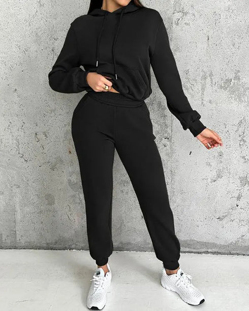 2 Pieces Outfit Kangaroo Pocket Thermal Lined Drawstring Hoodie Sweatshirt and Casual Elastic Waist Cinched Ribbed Cuffs Sporty Sweatpants Set black