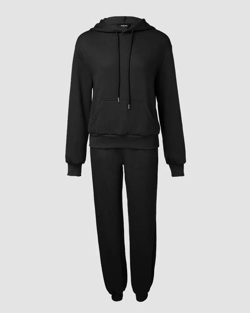 2 Pieces Outfit Kangaroo Pocket Thermal Lined Drawstring Hoodie Sweatshirt and Casual Elastic Waist Cinched Ribbed Cuffs Sporty Sweatpants Set black