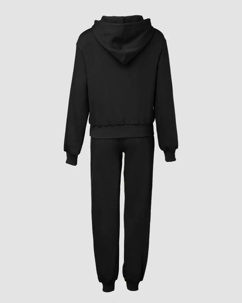 2 Pieces Outfit Kangaroo Pocket Thermal Lined Drawstring Hoodie Sweatshirt and Casual Elastic Waist Cinched Ribbed Cuffs Sporty Sweatpants Set black