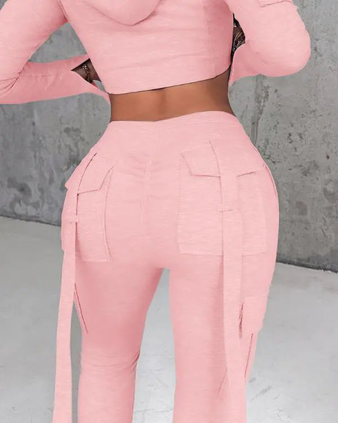 Drawstring Slit Pocket Design Sweatpants pink