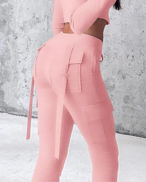 Drawstring Slit Pocket Design Sweatpants pink