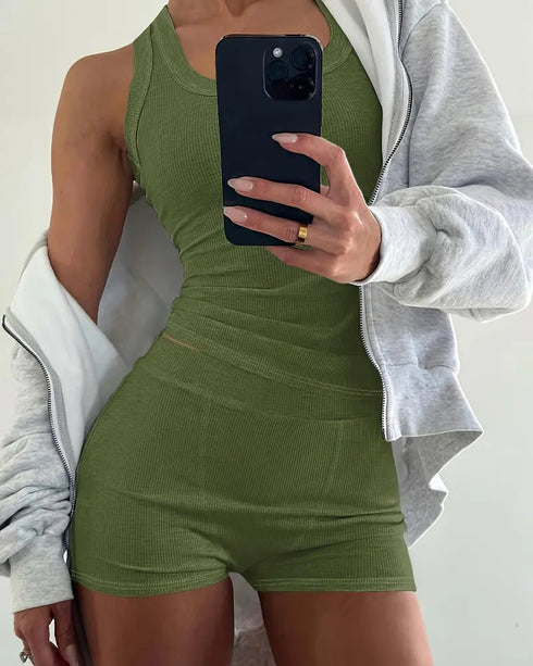 2 Pieces Outfit Floral Print U-Neck Tank Top and Elastic Waist Shorts Set Slim Fit Ribbed Set Army green