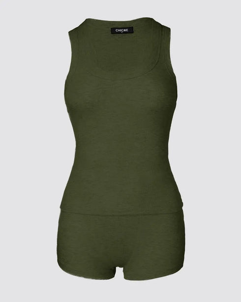 2 Pieces Outfit Heart Print U Neck Sleeveless Tank Top and Casual Strechy Waist Shorts Set Slim Fit Ribbed Pajamas Set Army green