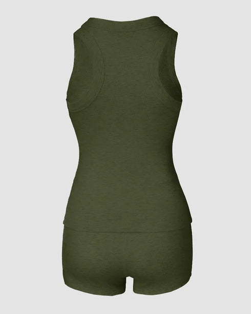 2PCS Micro-Ribbed U-Neck Tank Top & Boxer Set Cozy Loungewear Army green