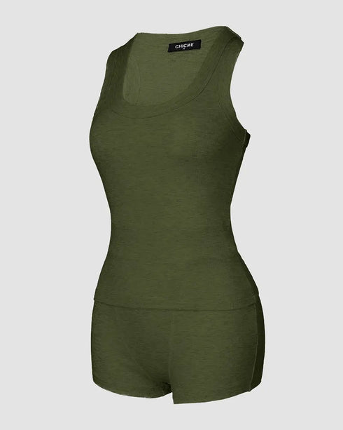 2 Pieces Outfit Graphic Print U-Neck Tank Top and Elastic Waist Shorts Set Casual Ribbed Pajamas Set Army green