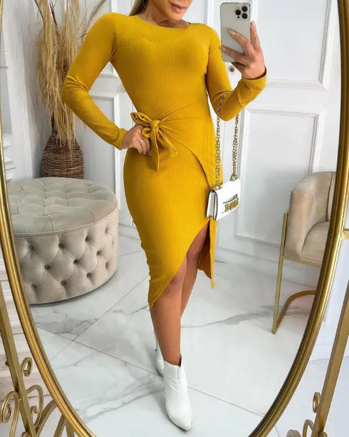 Round Neck Tied Detail Asymmetrical Hem Casual Dress yellow