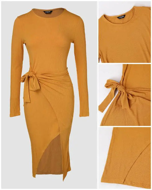 Round Neck Tied Detail Asymmetrical Hem Casual Dress yellow