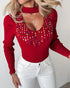 Keyhole Neck Long Sleve Pullover Knit Sweater Multicolor Rhinestone Decor Top red