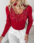 Keyhole Neck Long Sleve Pullover Knit Sweater Multicolor Rhinestone Decor Top red