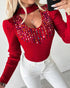 Keyhole Neck Long Sleve Pullover Knit Sweater Multicolor Rhinestone Decor Top red