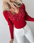 Keyhole Neck Long Sleve Pullover Knit Sweater Multicolor Rhinestone Decor Top red