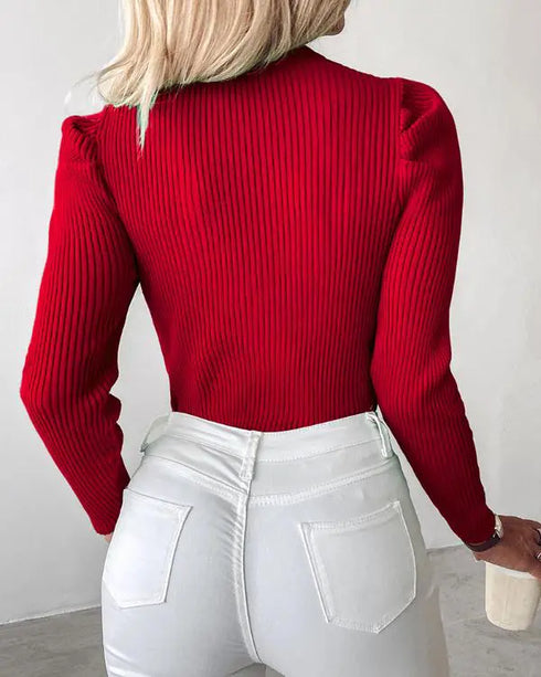 Keyhole Neck Long Sleve Pullover Knit Sweater Multicolor Rhinestone Decor Top red