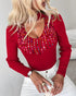 Keyhole Neck Long Sleve Pullover Knit Sweater Multicolor Rhinestone Decor Top red