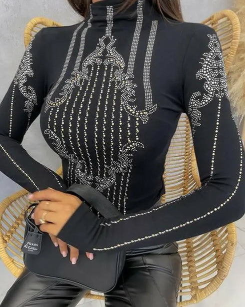 Rhinestone Decor Long Sleeve Top black