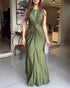 Deep V-Neck Braided Straps Twist Front Cinched Waist Evening Dress Casual Zipper Back Mermaid Hem Satin Maxi Dress green