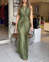 Deep V-Neck Braided Straps Twist Front Cinched Waist Evening Dress Casual Zipper Back Mermaid Hem Satin Maxi Dress green