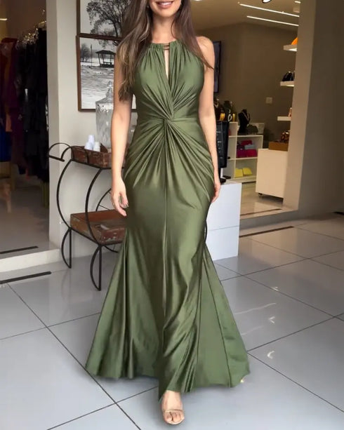 Deep V-Neck Braided Straps Twist Front Cinched Waist Evening Dress Casual Zipper Back Mermaid Hem Satin Maxi Dress green