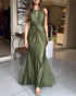Deep V-Neck Braided Straps Twist Front Cinched Waist Evening Dress Casual Zipper Back Mermaid Hem Satin Maxi Dress green