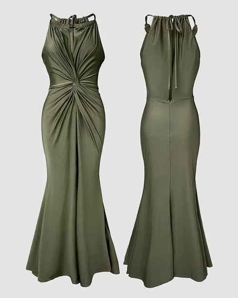 Deep V-Neck Braided Straps Twist Front Cinched Waist Evening Dress Casual Zipper Back Mermaid Hem Satin Maxi Dress green