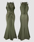 Deep V-Neck Braided Straps Twist Front Cinched Waist Evening Dress Casual Zipper Back Mermaid Hem Satin Maxi Dress green