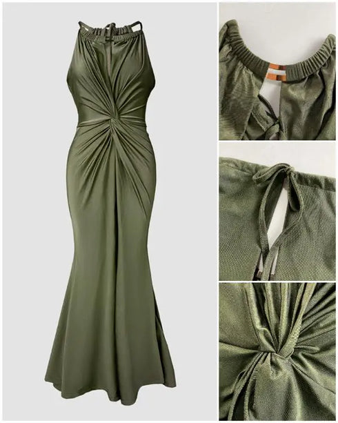 Satin Sleeveless Hollow-out Twist Front Evening Dress Tied Detail Backless Zipper Back Mermaid Hem Dress green